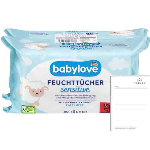 Babylove Feuchttücher sensitive 160 Tücher, Ohne Alkohol, Ohne Parfum, Vegan, pH-hautneutral (2x80St) + Halley Bedding Notizblock Set