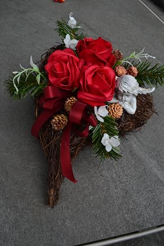 Generisch Grabgesteck Herz mit Engel Rose rot Grabschmuck künstlich Allerheiligen Trauer