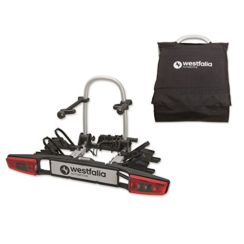 Westfalia Bikelander Fahrradträger für die Anhängerkupplung - inklusiv Tasche | Kupplungsträger für 2 Fahrräder | E-Bike geeignet | zusammenklappbar | LED-Hybrid-Leuchten