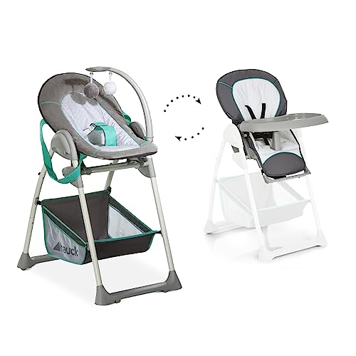 hauck Hochstuhl mit Babyliege Sit N Relax 2in1 ab Geburt bis 15 kg, Höhenverstellbarem Gestell mit Rollen, XL Korb, Essbrett, Klappbar, Verstellbar, Spielebogen (Hearts)