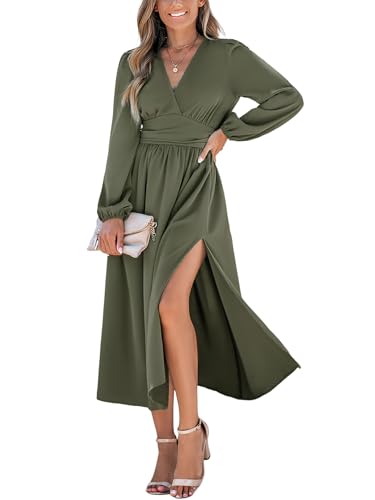 CUPSHE Damen Kleid V-Ausschnitt Spitze Langarm Herbst Freizeitkleider Tunika Seitenschlitz A-Linie Elegant Midi Dress Olivgrün M