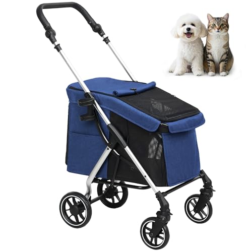 PawHut Hundewagen leicht Hundebuggy aus Aluminium klappbar für Hunde & Katzen Katzenbuggy mit Kissen Netzfenstern Türen Aufbewahrungskorb Katzenwagen Mini-Hundewagen für kleine Hunde Dunkelblau