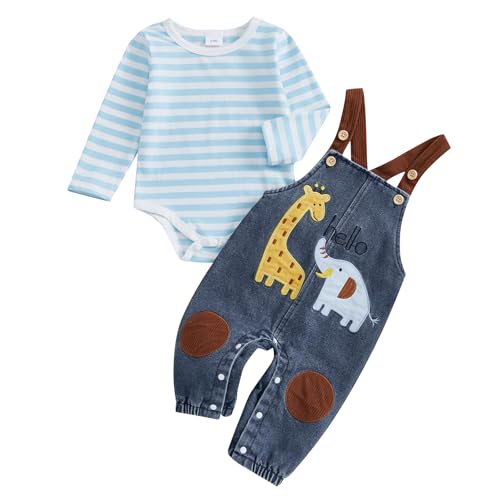 Carolilly Baby Jungen Stickerei Tiere Outfits Neugeborene Baby Jungen Langarm Gestreift Strampler + Giraffe Elefant Stickerei Strapshose Sets, blau, 3-6 Months