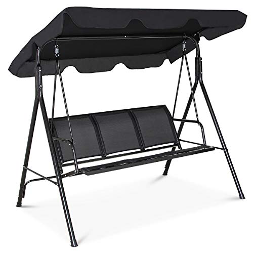 GIANTEX Hollywoodschaukel 3 Sitzer, Gartenschaukel Gartenstuhl Gartenbank mit Sonnendach & Rückenlehne, Schaukelstuhl Schaukelbank Metallgestell, Gartenliege Schaukel Garten Balkon Veranda (Schwarz)