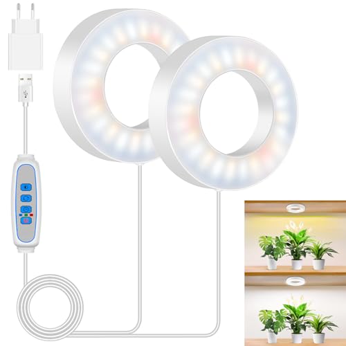 Kullsinss 9 CM Pflanzenlampe led, 5000K Vollspektrum Pflanzenlicht für Zimmerpflanzen, Decken Grow Light mit 6/12/16 Stunden, 3 Lichtmodi, 5 Stufen Dimmbar, Wachstumslampen für Pflanzen (2-Kopf)