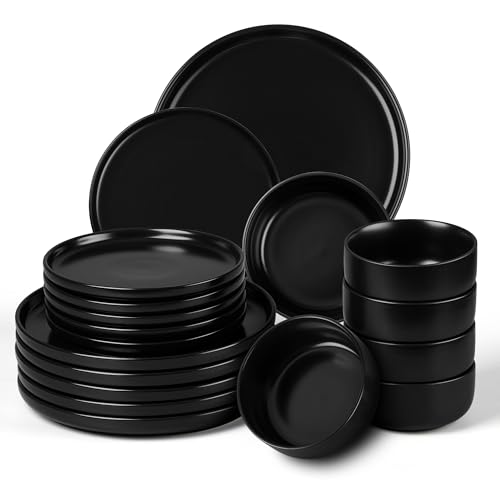 Geschirr Set für 6 Personen, Onader 18 Teiliges Steinzeug Tafelservice Kombiservice, je 6 Speiseteller, Dessertteller, Müslischalen, Anti-Kratzer & Mikrowellenfest - Klassisch Schwarz