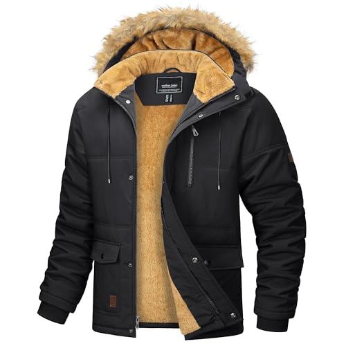 MAGCOMSEN Herren Warme Parka Jacke Gefüttert Winter Daunenjacke Kapuze Camping Jacken Männer Winddicht Warme Outdoorjacke Fleece Funktionsjacke Wandern Jagdjacke mit Mehrfachtaschen Schwarz XL