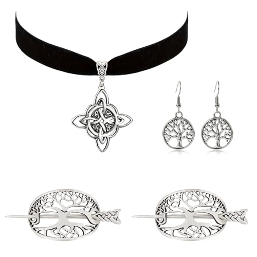 4 Stück Mittelalter Kleidung Damen Set, 2 Wikinger Keltische Haarnadeln Clips, 1 paar Ohrringe und 1 Halskette, keltische Haarspange Haarnadeln Metalllegierung Haarspangen für Damen Vintage Schmuck