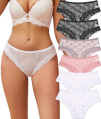 ALL OF ME 6er Pack Unterhosen Damen Spitze Sexy Unterwäsche für Frau Brazilian Slip Damen Dessous Brasilien Frauen Hipster Bequem Underwear Nahtlos Spitzen Mehrpack S-XL