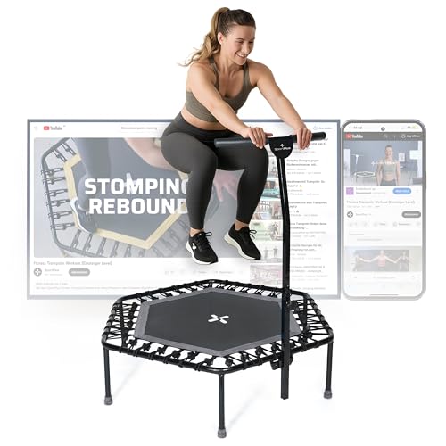 SportPlus Fitness Trampolin Indoor für Zuhause, Trampolin mit Haltestange höhenverstellbar, Gummiseilfederung, Workout & Cardiotraining, Premium-Qualität Designed in Germany 130kg