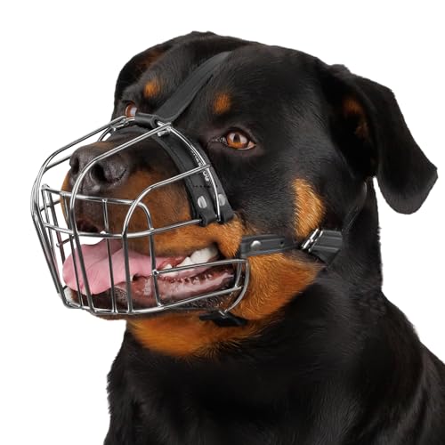 BRONZEDOG Hundemaulkorb Verstellbar Robustes PVC/Metalldrahtkorb für Große und Sehr Große Hunde mit Lederbändern Atmungsaktiv, Trinkfähig, Training, Verhindert Beißen (Rottweiler, Edelstahl)