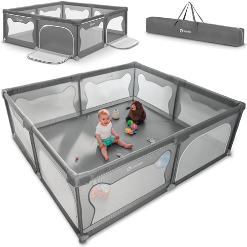 LIONELO WILLOW XL Laufgitter Baby, ab 0-48 Monaten große Fläche 187 cm x 207 cm x 68 cm, Laufgitter Baby mit Seitenwände aus atmungsaktiven Netzstoff, 2 Seitliche Eingänge mit einem Reißverschluss