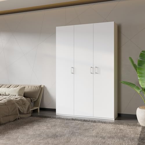 Forte Home Nook Mehrzweckschrank 135 40, moderner Drehtürenschrank mit 3Türen, Flur, Holzwerkstoff, Weiß, 133,2 cm breit x 210,5 cm hoch x 42 cm tief
