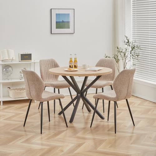 DEYARNA HOME Essgruppe 5-Teilig, 100cm Runder Esstisch und 4 Leinen-Esszimmerstühle, Esstisch und Stühle für 4 Personen, 4 Stühle & Tisch für Küche, Esszimmer und Wohnzimmer (Helle Holzfarbe+Braun)