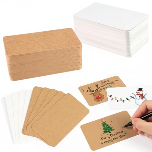 SALLYFASHION Blanko Papierkarten, 200 Stück leere Karten 300 g/m², 9 x 5 cm, Weiß und Braun, für Weihnachtskarten, Geschenkanhänger, Dankeskarten und DIY Basteln