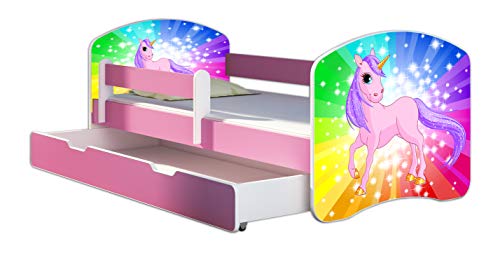 Kinderbett Jugendbett mit einer Schublade und Matratze Rausfallschutz Rosa 70 x 140 80 x 160 80 x 180 ACMA II (18 Pony Regenbogen, 80 x 160 cm mit Bettkasten)