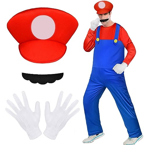 Aomig Kostüm, 4 Stück Luigi Bros Cosplay mit Mütze Hose Bart Handschuhe, Mario und Luigi Kostüm Set Männer Damen, Erwachsene Outfit für Weihnachten Karneval Faschingskostüme (Rot,L)
