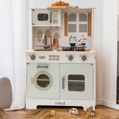 ROBUD Spielküchen aus Holz, Kinder Küche mit Zubehör, geeignet für Kinder ab 3 Jahren, Montessori