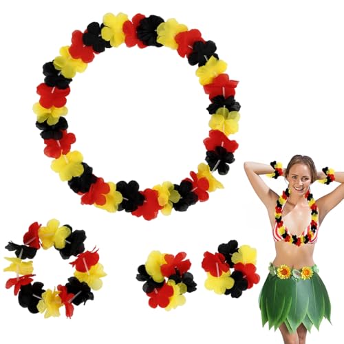TISCH 4 Stück Deutschland Fanartikel Blumenkette Set, 105cm Halskette, 42cm Stirnband, 20cm Handgelenk Bänder, Deutschland Flagge Girlanden, Fußball Party Deko (Schwarz Rot Gelb)