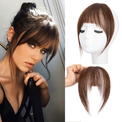 Clip-in-Haarverlängerung, 100% Echthaar, französischer Pony, Kunsthaar-Extensions mit Bügel, Dunkelbraun