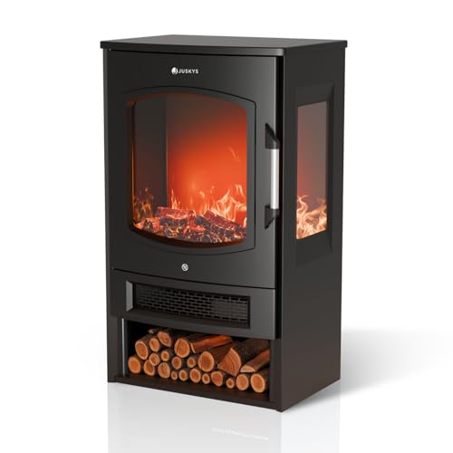Juskys Elektrokamin 1800W – Schwarz, elektrischer Standkamin mit LED-Flammeneffekt, WLAN/App-Steuerung, Fernbedienung