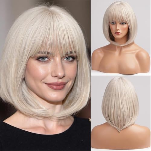 HAIRCUBE Charming Creamy White Kurze Bob Perücken mit Pony Synthetische Hitzebeständige 12 Zoll Perücken für Frauen