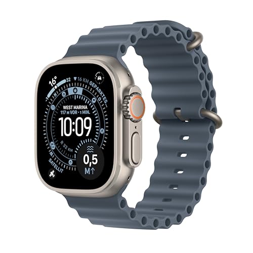 Apple Watch Ultra 3 GPS + Cellular 49 mm Premium Smartwatch für Lauftraining und Kombinationssport mit robustem Titangehäuse in Natur und Ocean Armband in Maritimblau