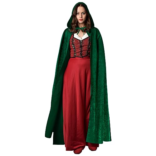 AOOWU Mittelalter Umhang Kapuzenumhang, Herren Damen Halloween Umhang mit Kapuze, Dunkelgrün Umhang, Umhang kostüm Cape Satin Erwachsene, Umhang Kostüm Mantel Halloween Weihnachten Karneval Kostüm