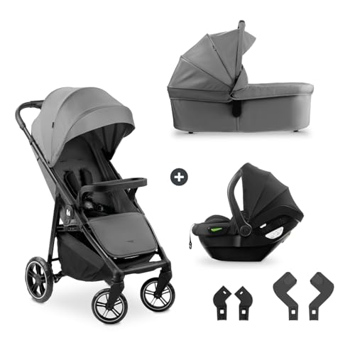 hauck 3in1 Kinderwagen Set Shop N Care Trio Set inkl. Buggy, Babywanne, Babyschale ab Geburt bis 22 kg, Klein Zusammenklappbar, Liegefunktion, Getränkehalter & Tablett, UV-Schutz 50+ (Grey)