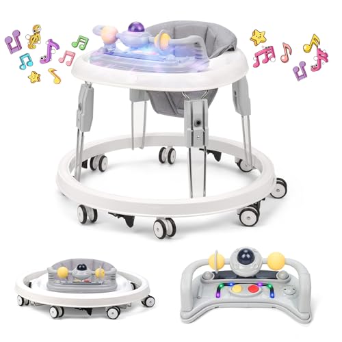Lauflernhilfe mit Musik und Lichtern, Faltbare Lauflernwagen mit Aktivitätscenter, 7-Gang Höhenverstellung, Anti-Collision Design, Abnehmbarer Platte, Baby Walker von 6-18 Monaten (Grau)