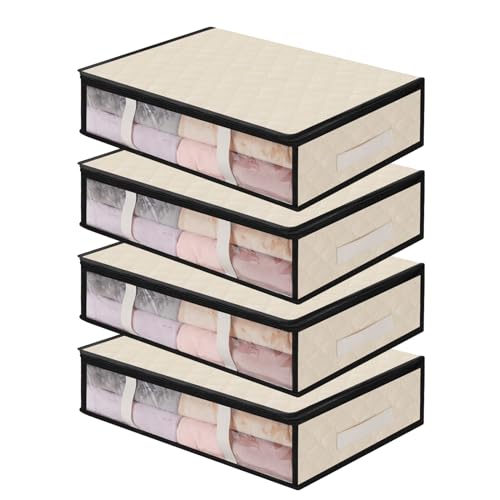 AiQInu Unterbett Aufbewahrungsbox,4 Stück Unterbettkommode mit Sichtfenster und 4 Haltegriffen 60x 45x 15 cm, Faltbare Unterbett-Aufbewahrungstasche Kleideraufbewahrung für Kleidung Decken Bettdecken