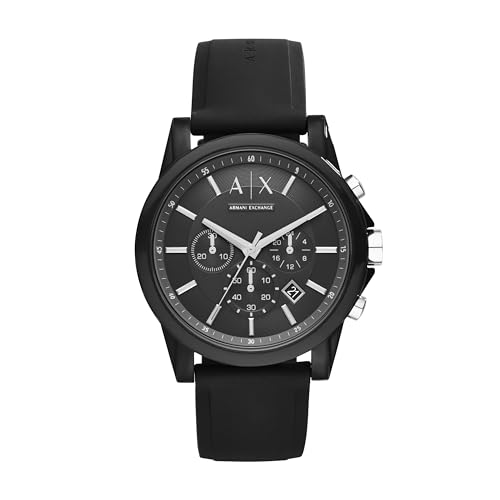 Armani Exchange Watch For Men, Quarz-Chronographenwerk und 44mm Gehäusegröße mit Silikonarmband, Schwarz