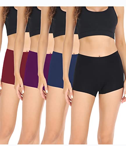 wirarpa Damen Baumwolle Boxershorts Panties Unterhosen Radlerhose unter Kleid mit Baumwoll Schritt 4er Pack Schwarz Blau Lila Rot Größe XL