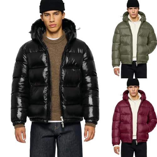 Cowyams Glossy Puffer Jacket Herren Oversized Daunenjacke Hooded Puffer Jacket Mit Innentasche Herrenjacke Warme Winterjacke Dicke Steppjacke verstellbare Kapuze Übergangsjacke Freizeit Mantel