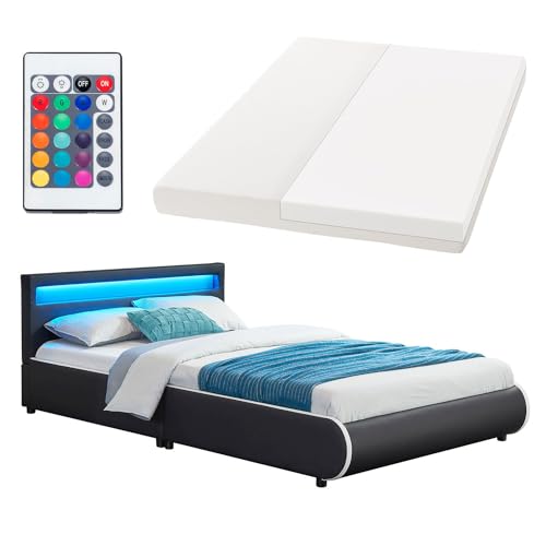 Juskys Polsterbett Sevilla 140x200 cm mit Matratze, LED Beleuchtung, Lattenrost & Kopfteil - Holz & Kunstleder - 16 Farbeinstellungen & Fernbedienung - Bett Jugendbett Einzelbett - Schwarz