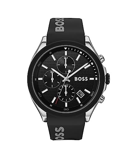 BOSS Herren 44 mm Chronograph Quarz Uhr Velocity Kollektion mit Schwarzem Texturiertem Zifferblatt, Schwarzem Silikonarmband, Datumsfunktion, 3 Sub-Dials, 5ATM Wasserresistenz - 1513716