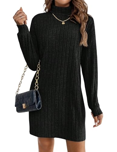 Zeagoo Pulloverkleid Damen Strickkleid Langarm Rollkragenkleid Winterkleid Elegant Bequemes Rippstrick Kleid Figurbetont Herbst Outfit Schwarz M