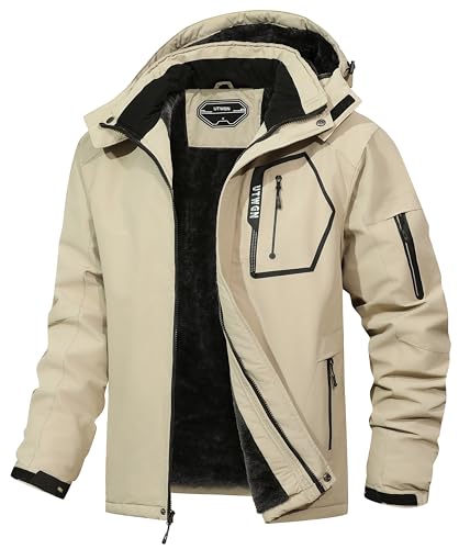 UTWGN Herren Skijacke Winter Warm Schneemantel Wasserdicht Windbreaker Kapuze Arbeit Outerwear Snowboardjacken, Khaki, S