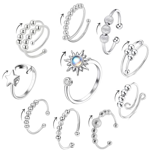 Uirheurd Angst Ring 10 Stück - Anti-Stress Verstellbar Silber für Frauen und Herren - Fidget Mit Beweglichen Perlen, Calm Spinning Schmuck Geschenke