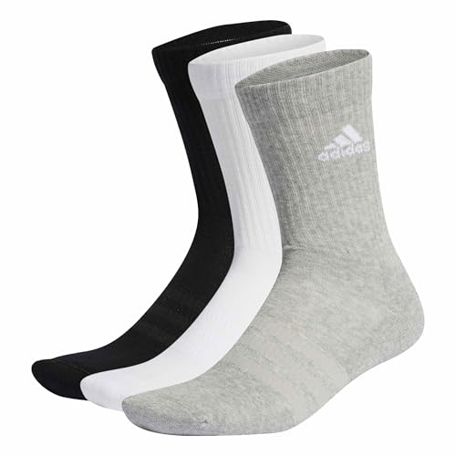 adidas Unisex Cushioned Crew Socks 3 Pairs, Medium Grey Heather / White / Black, 6.5-8
