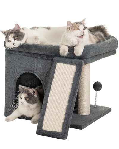Aechonow Kratzbaum für Große Katzen Stabil, Katzenbaum mit Groß Liegefläche(51x41cm), 2 Tier Katzenhöhle Tonne Bett für Indoor Adulte Katzen, Dunkel Grau