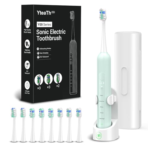 Elektrische Zahnbürste, Schallzahnbürste für Erwachsene und Kinder, Electric Toothbrush mit 5 Putzmodi 3 Intensitätsstufen Integrierter Timer und 8 Zahnbürstenköpfen, Reiseetui, Hellgrün