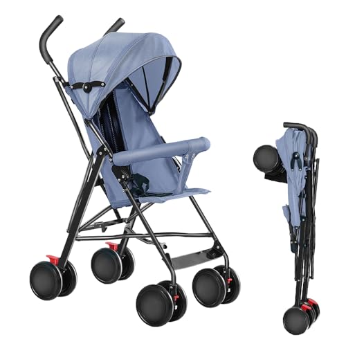 MLYIQI Kinderwagen, 0 – 4 Jahre, 0 – 22 kg, leicht und kompakt, verstellbare Rückenlehne, 5-Punkt-Gurt, faltbar, Reisewagen mit Sonnendach und Moskitonetz, rutschfeste Räder