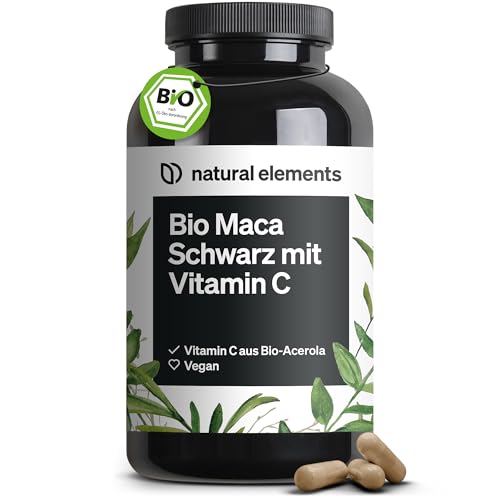 natural elements Bio Maca Schwarz – 180 Kapseln – 3000mg je Tagesdosis (entspricht 12.000mg Maca Wurzel) – mit natürlichem Vitamin C – biozertifiziert, hochdosiert, vegan, laborgeprüft