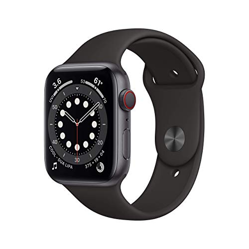 Apple Watch Series 6 (GPS + Zellular, 44MM) Aluminiumgehäuse Space Grau mit Schwarz Sportarmband (Generalüberholt)