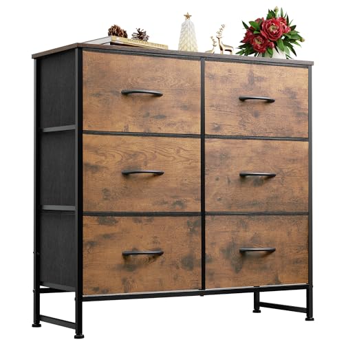 WLIVE Kommode mit 6 Schubladen aus Stoff, Kommodenschrank für Schlafzimmer, Kommode Wohnzimmer, mit Stabiler Stahlrahmen, Holzplatte, Vintagebraun-Schwarz