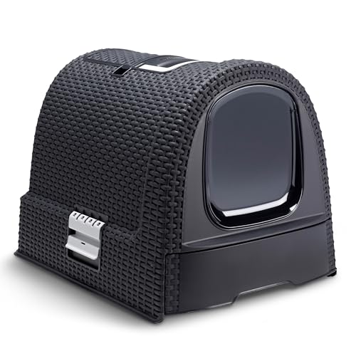 Curver petlife Katzentoilette mit Deckel, Katzenklo inklusive Schaufel, moderne Rattangeflecht-Optik, anthrazit, 51,5 x 38,5 x 40 cm