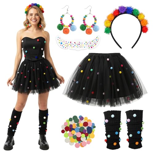 ZJKUBOIS Konfetti Kostüm Damen, 6PCS Karneval Kostüm Damen mit Tüllrock, Haarreif, Ohrringe, Gesichtsaufkleber und Beinwärmer, Konfetti im Herzen Fasching Karneval Kostüme Erwachsene Outfit (Schwarz)