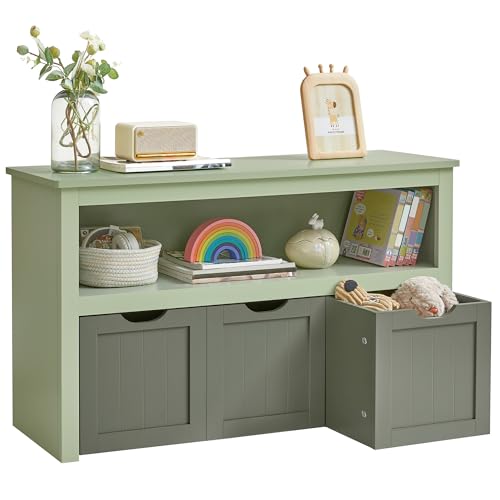 VASAGLE Kinderregal, Spielzeugaufbewahrung für Kinder, Aufbewahrungsschrank, Spielzeugschrank, Aufbewahrungsbox mit Rollen, Spielzeugregal, für Kinderzimmer, 30 x 102 x 60 cm, lorbeergrün LHS380C02