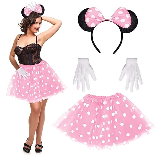 Dwafill 4-Teiliges Damen Maus Mouse Kostüm, Maus KostüM mit Mausohren Haarreifen, MäUsenase, Mausroter TüLlrock, Mausweiße Handschuhe, KarnevalskostüM Damen (Rosa, Erwachsene)